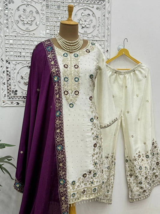 Chinon Silk Embroidered Palazzo Suit with Dupatta | Swastik Fashion